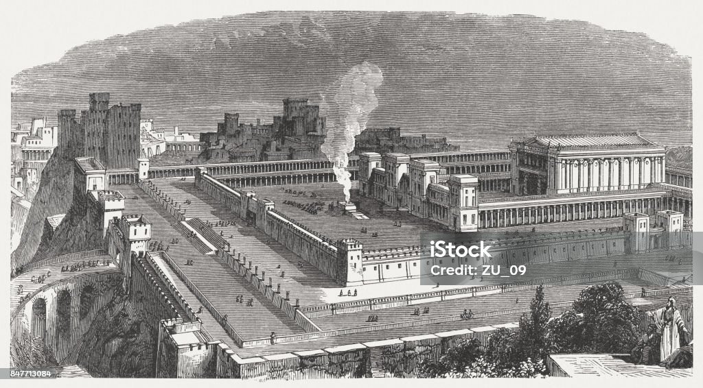 Visual reconstruction of Solomon's Temple in Jerusalem. Wood engraving, published in 1886.